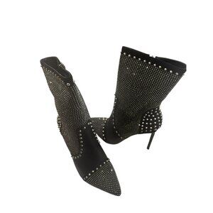 Azalea Wang Studded Stiletto Ankle Boots Black Rhinestone Pointed Toe High Heel